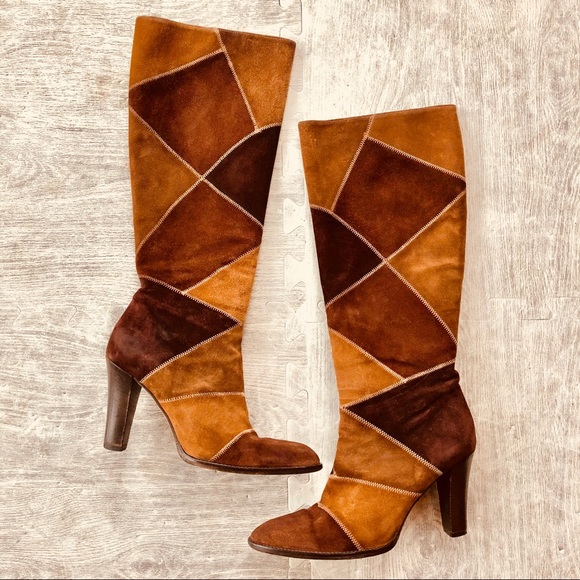 patchwork knee high boots